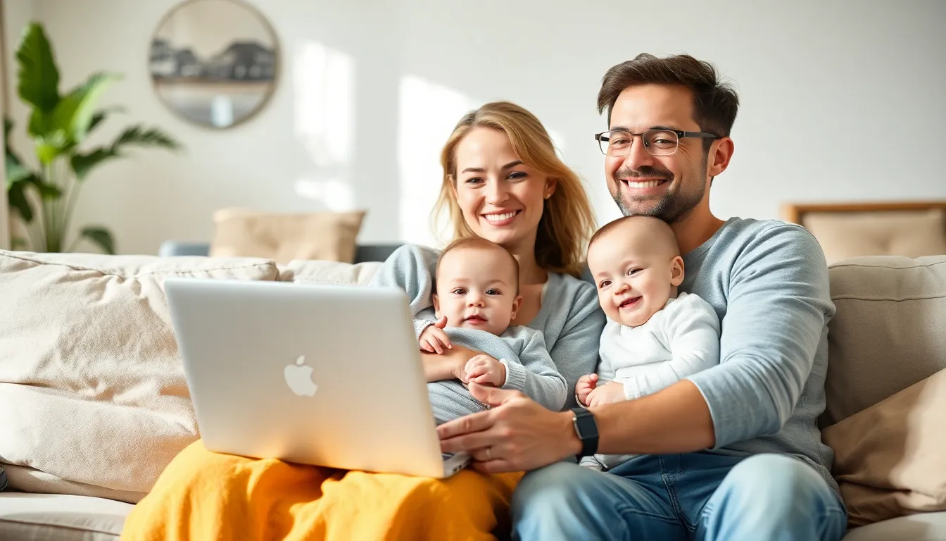 Parent with laptop and baby, relaxed at home