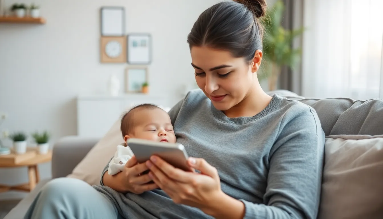 Parent reading on phone with baby sleeping nearby